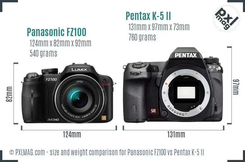Panasonic FZ100 vs Pentax K-5 II size comparison