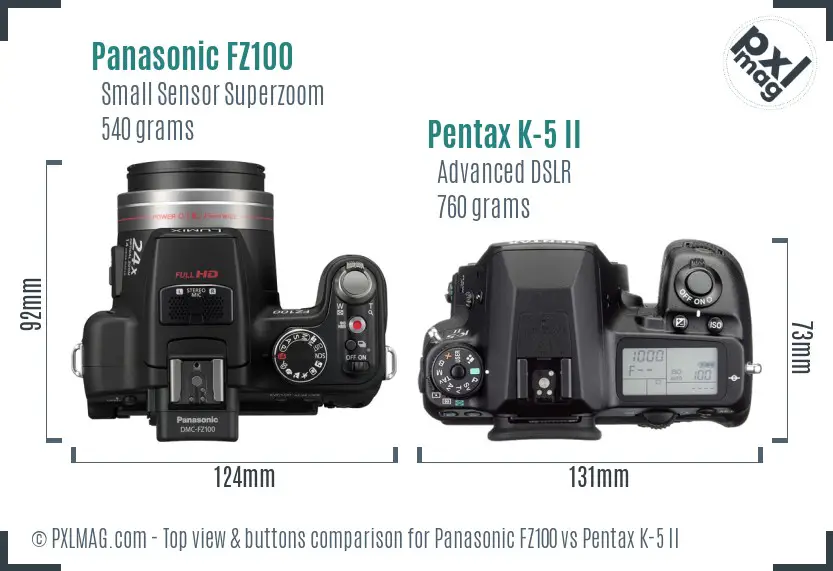 Panasonic FZ100 vs Pentax K-5 II top view buttons comparison