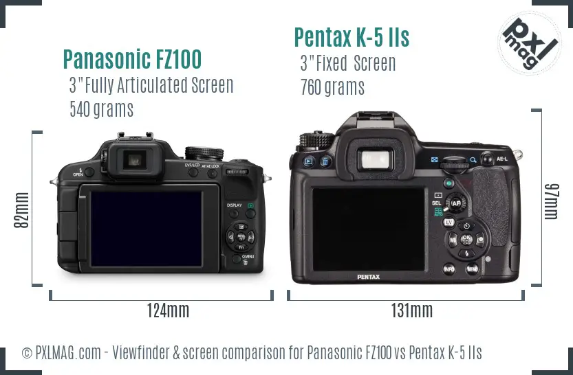 Panasonic FZ100 vs Pentax K-5 IIs Screen and Viewfinder comparison