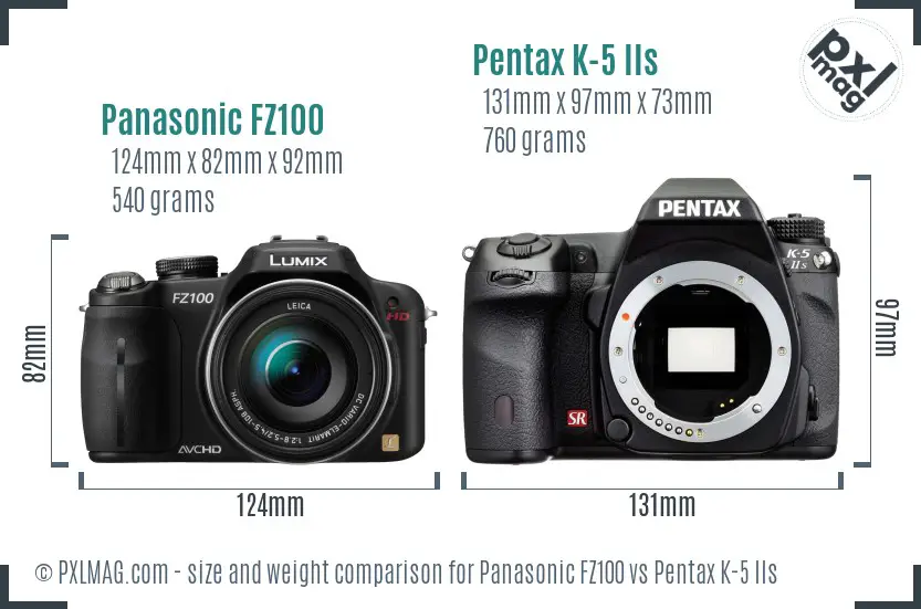 Panasonic FZ100 vs Pentax K-5 IIs size comparison