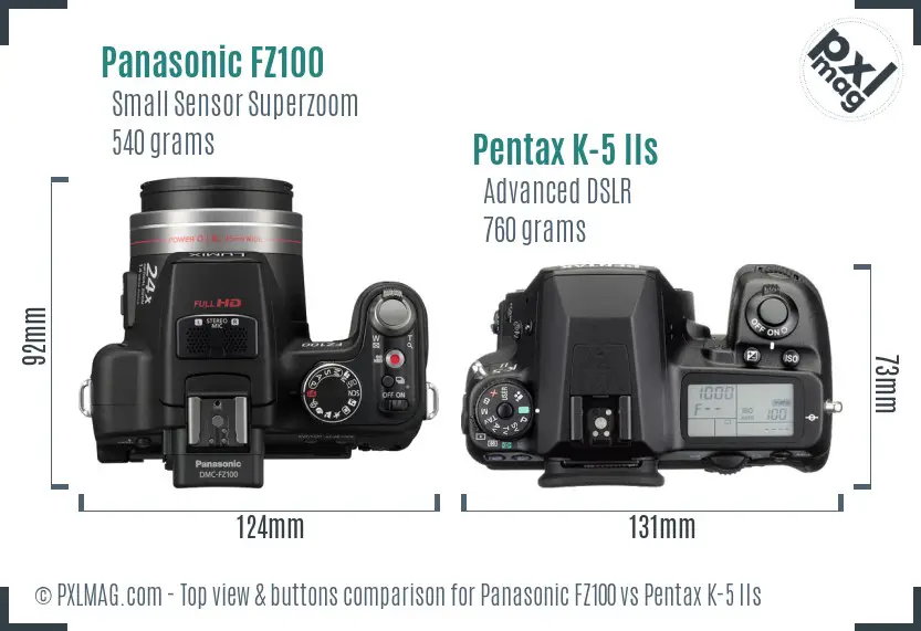 Panasonic FZ100 vs Pentax K-5 IIs top view buttons comparison