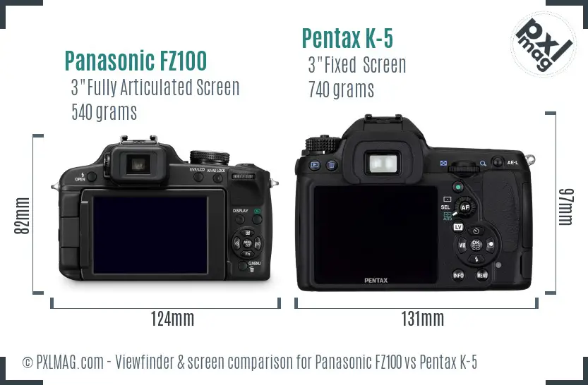 Panasonic FZ100 vs Pentax K-5 Screen and Viewfinder comparison