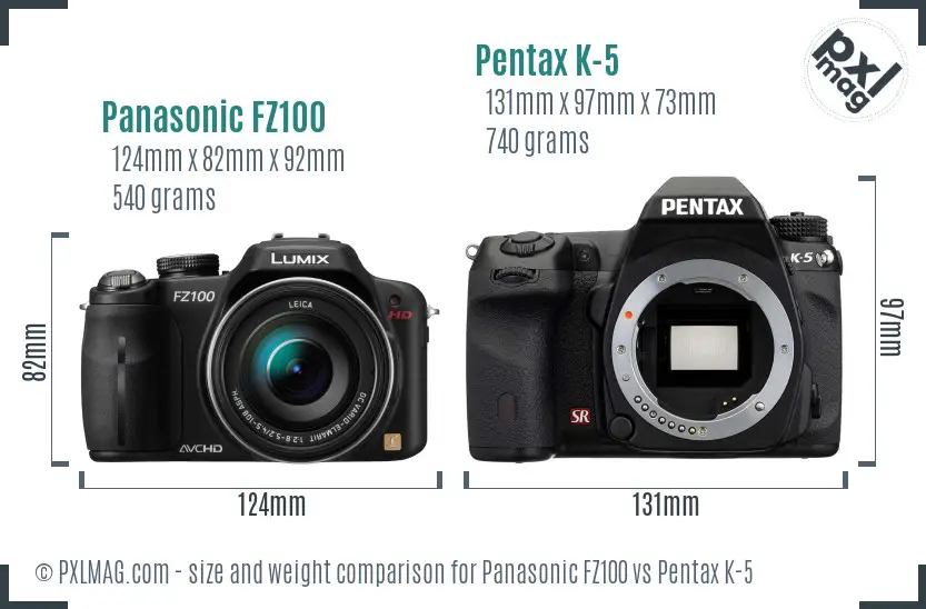 Panasonic FZ100 vs Pentax K-5 size comparison