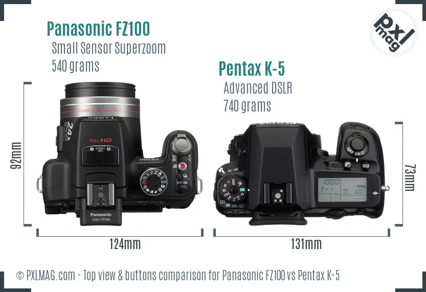 Panasonic FZ100 vs Pentax K-5 top view buttons comparison