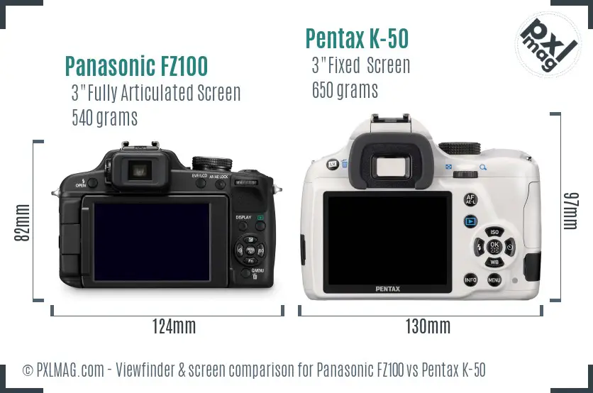 Panasonic FZ100 vs Pentax K-50 Screen and Viewfinder comparison