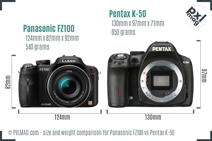 Panasonic FZ100 vs Pentax K-50 size comparison