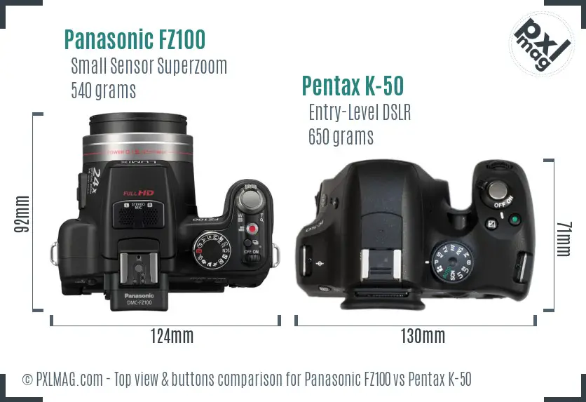 Panasonic FZ100 vs Pentax K-50 top view buttons comparison
