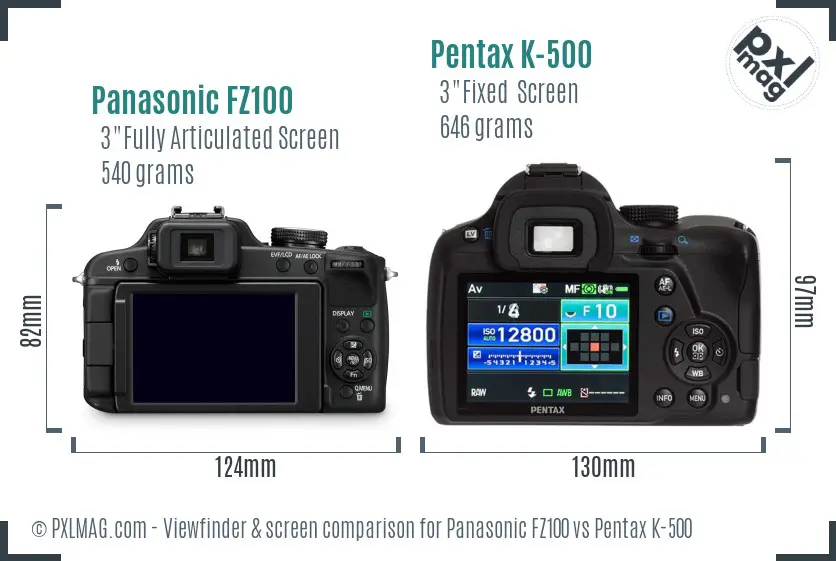 Panasonic FZ100 vs Pentax K-500 Screen and Viewfinder comparison