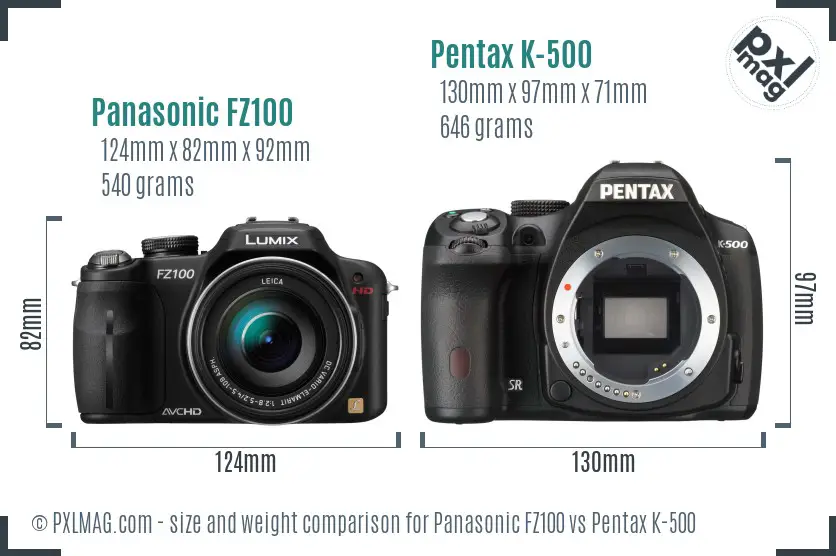 Panasonic FZ100 vs Pentax K-500 size comparison