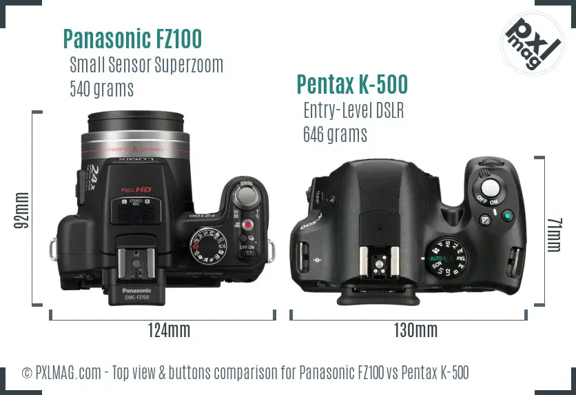 Panasonic FZ100 vs Pentax K-500 top view buttons comparison