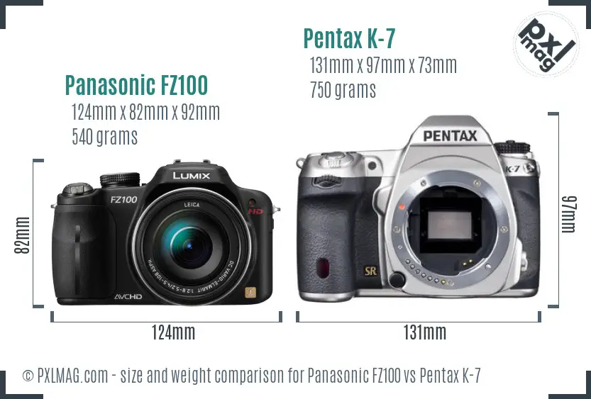 Panasonic FZ100 vs Pentax K-7 size comparison