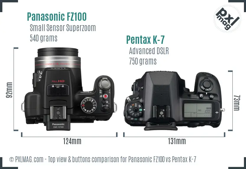 Panasonic FZ100 vs Pentax K-7 top view buttons comparison