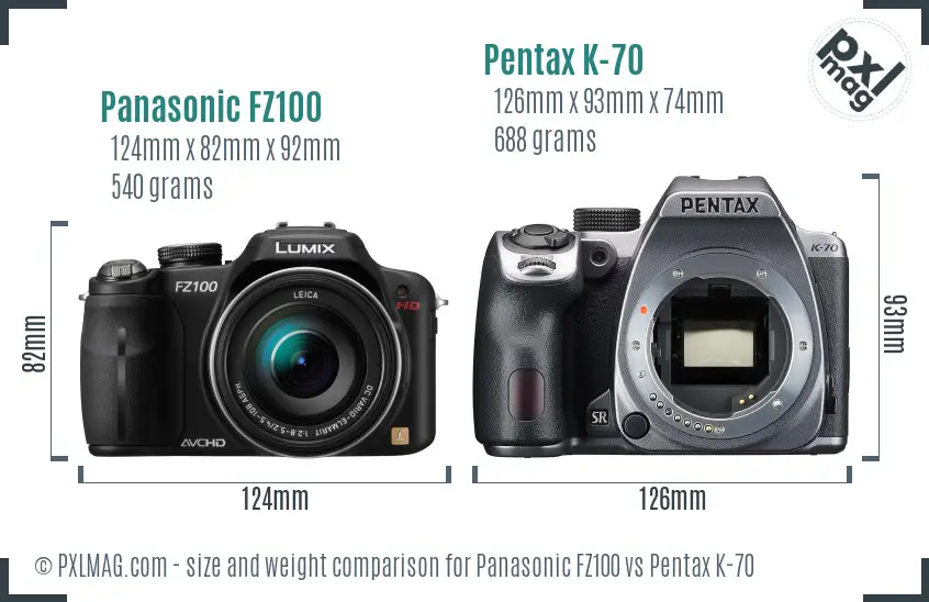 Panasonic FZ100 vs Pentax K-70 size comparison