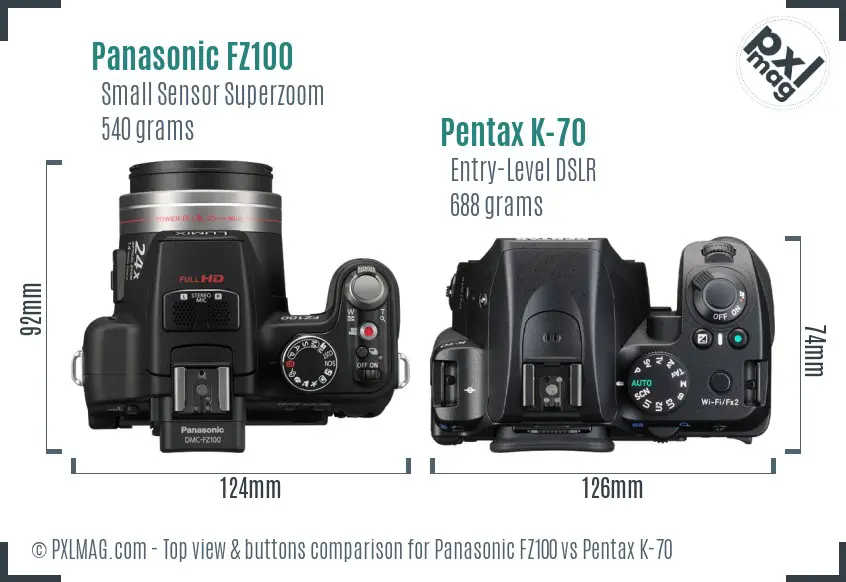 Panasonic FZ100 vs Pentax K-70 top view buttons comparison