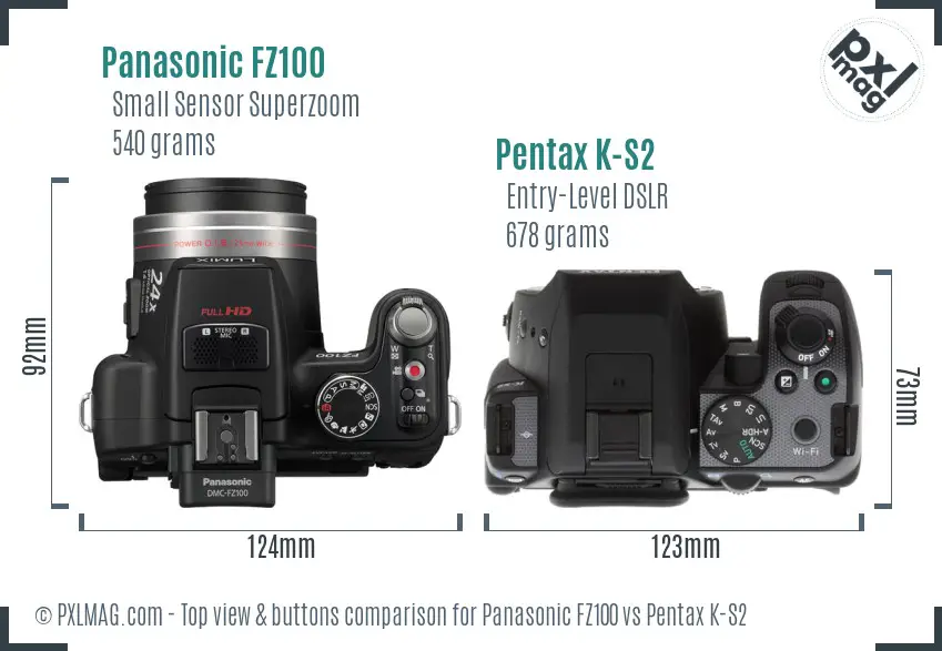 Panasonic FZ100 vs Pentax K-S2 top view buttons comparison