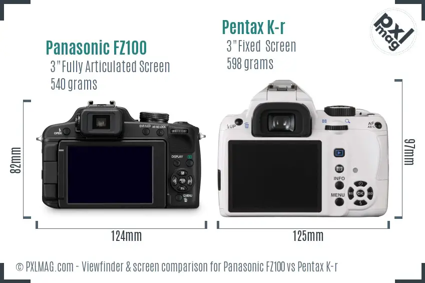 Panasonic FZ100 vs Pentax K-r Screen and Viewfinder comparison