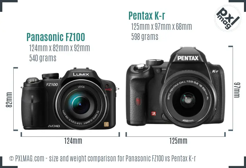 Panasonic FZ100 vs Pentax K-r size comparison