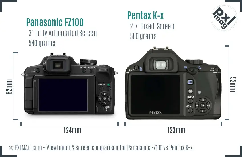 Panasonic FZ100 vs Pentax K-x Screen and Viewfinder comparison