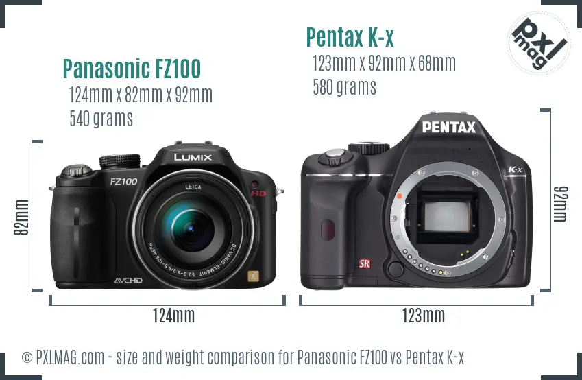 Panasonic FZ100 vs Pentax K-x size comparison