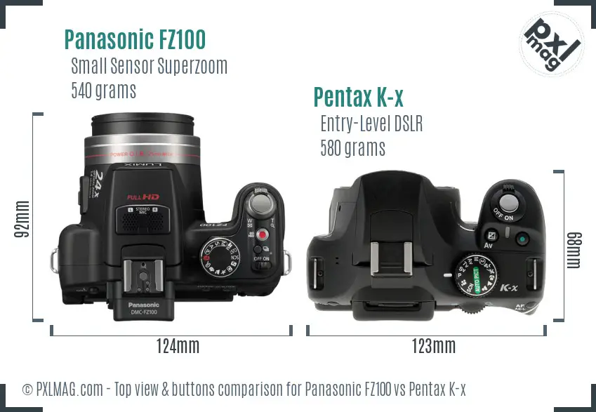 Panasonic FZ100 vs Pentax K-x top view buttons comparison