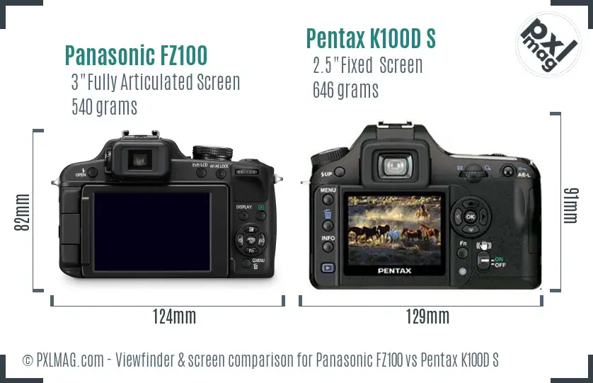 Panasonic FZ100 vs Pentax K100D S Screen and Viewfinder comparison