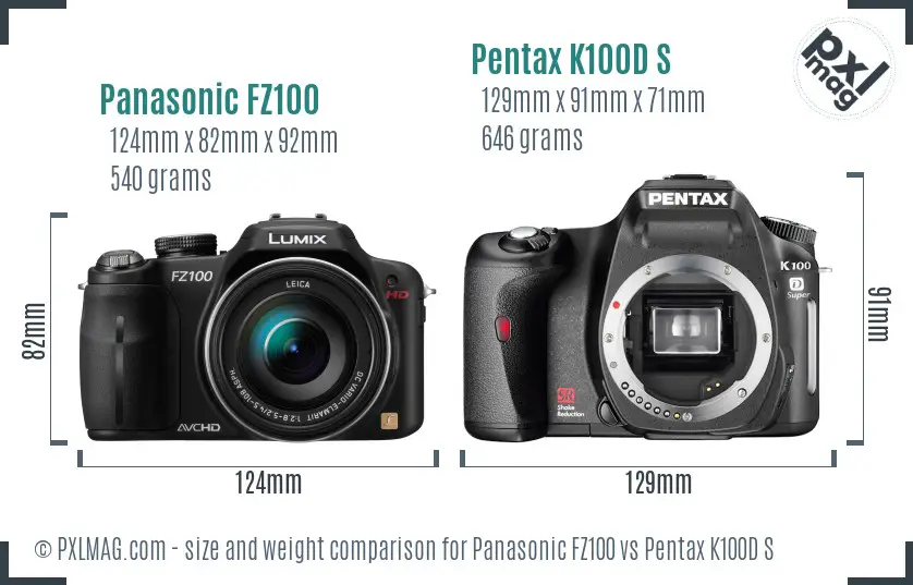 Panasonic FZ100 vs Pentax K100D S size comparison