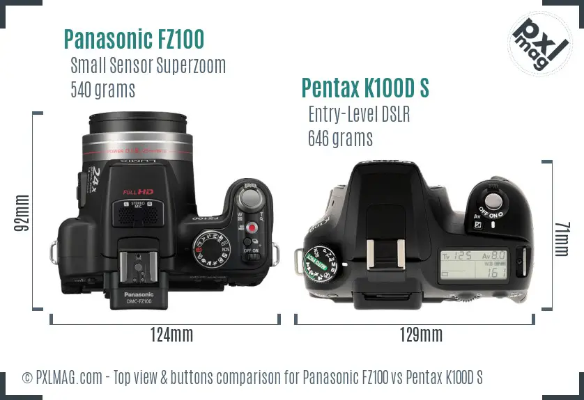 Panasonic FZ100 vs Pentax K100D S top view buttons comparison
