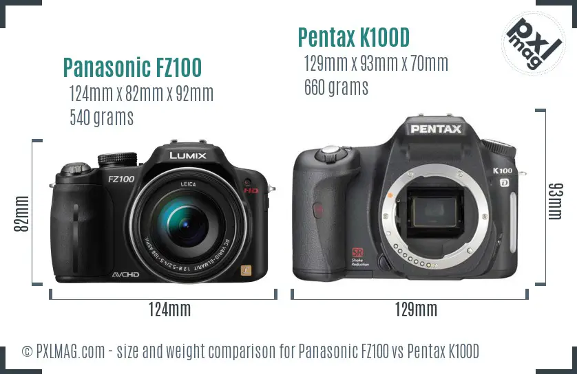 Panasonic FZ100 vs Pentax K100D size comparison