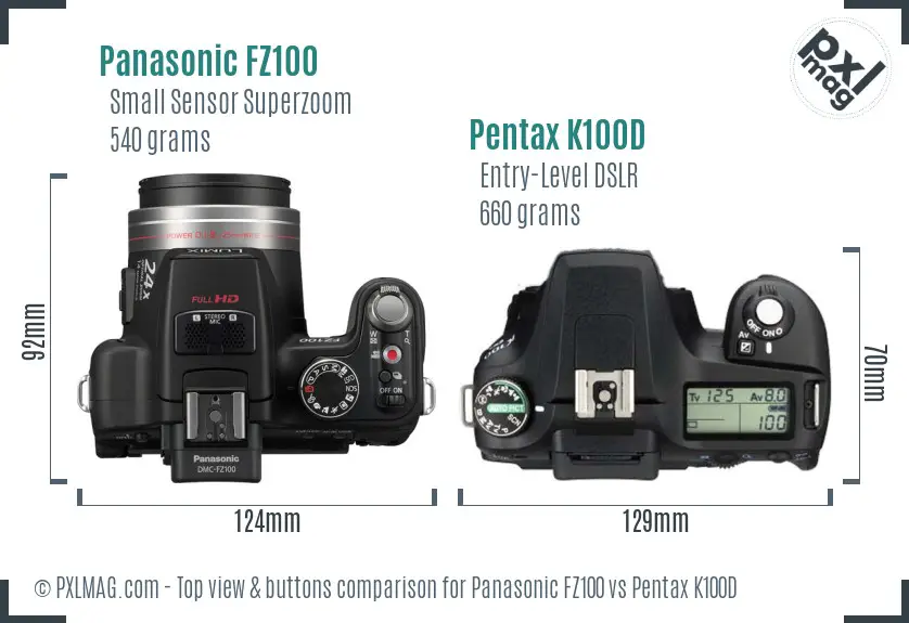 Panasonic FZ100 vs Pentax K100D top view buttons comparison