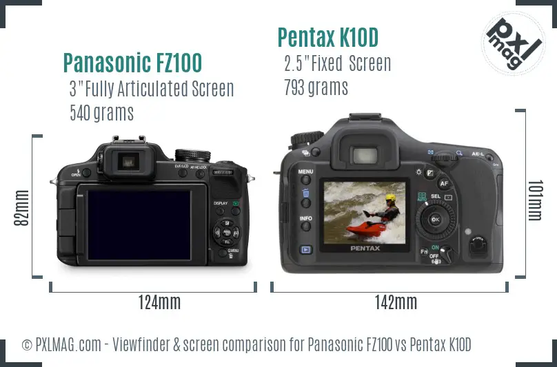 Panasonic FZ100 vs Pentax K10D Screen and Viewfinder comparison