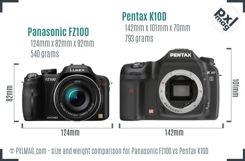Panasonic FZ100 vs Pentax K10D size comparison