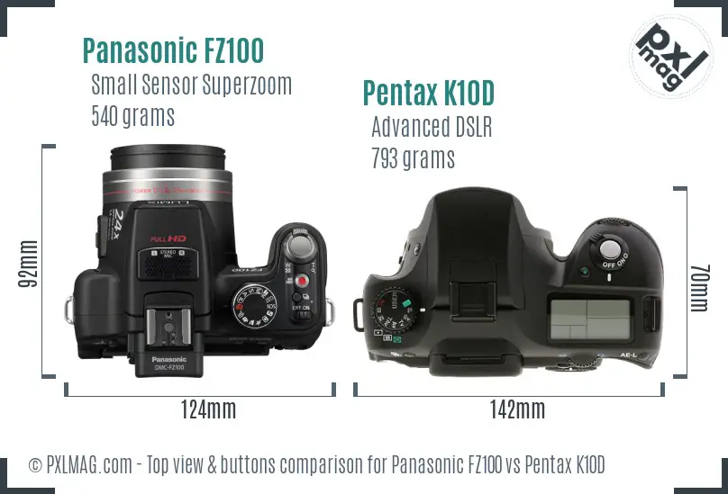 Panasonic FZ100 vs Pentax K10D top view buttons comparison