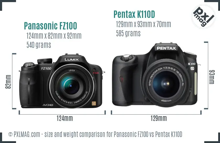 Panasonic FZ100 vs Pentax K110D size comparison