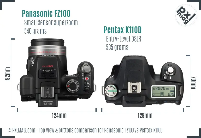 Panasonic FZ100 vs Pentax K110D top view buttons comparison