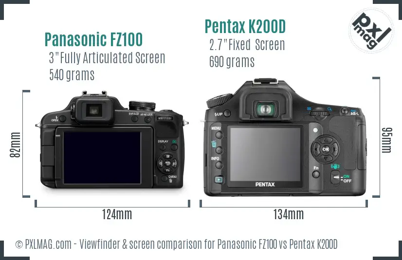 Panasonic FZ100 vs Pentax K200D Screen and Viewfinder comparison