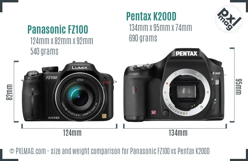 Panasonic FZ100 vs Pentax K200D size comparison