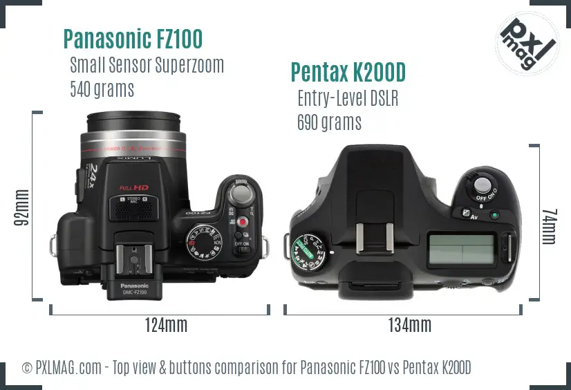 Panasonic FZ100 vs Pentax K200D top view buttons comparison