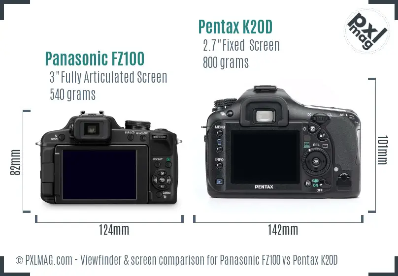 Panasonic FZ100 vs Pentax K20D Screen and Viewfinder comparison