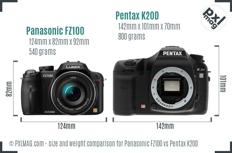 Panasonic FZ100 vs Pentax K20D size comparison