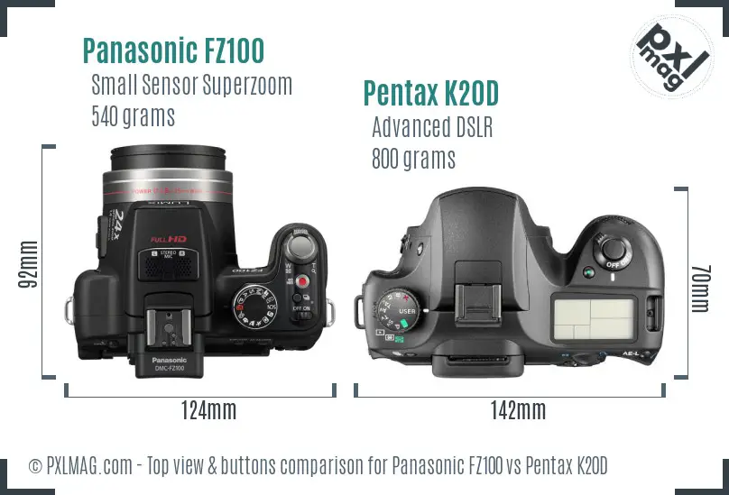 Panasonic FZ100 vs Pentax K20D top view buttons comparison