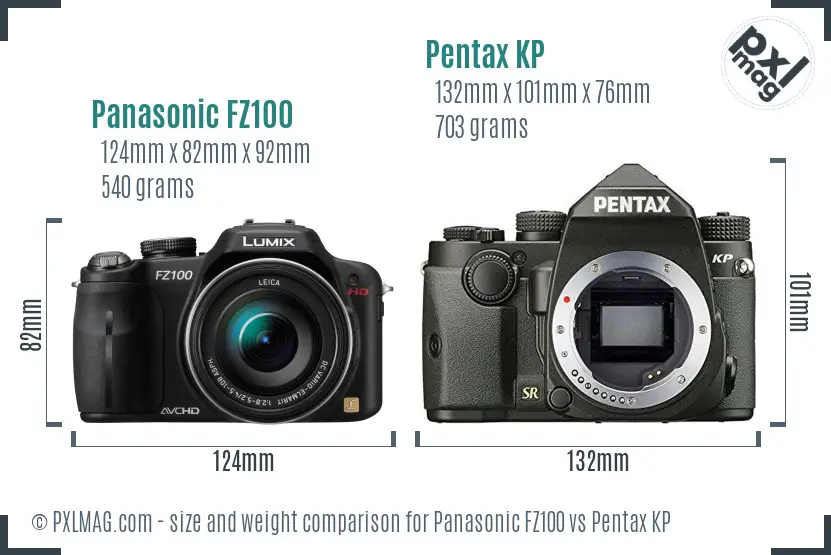 Panasonic FZ100 vs Pentax KP size comparison