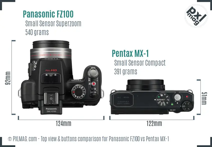 Panasonic FZ100 vs Pentax MX-1 top view buttons comparison