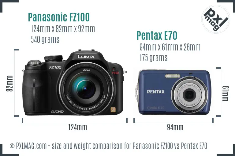 Panasonic FZ100 vs Pentax E70 size comparison