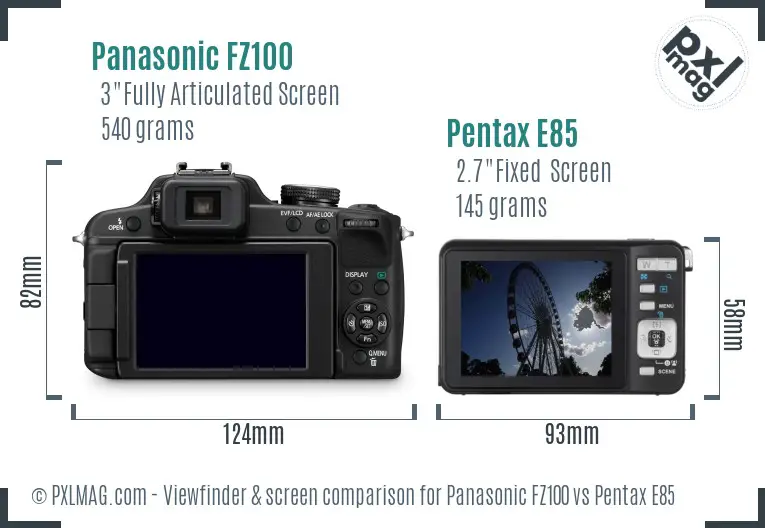 Panasonic FZ100 vs Pentax E85 Screen and Viewfinder comparison