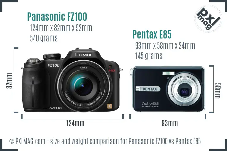Panasonic FZ100 vs Pentax E85 size comparison