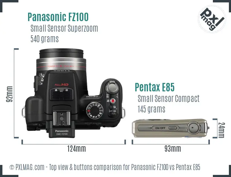 Panasonic FZ100 vs Pentax E85 top view buttons comparison