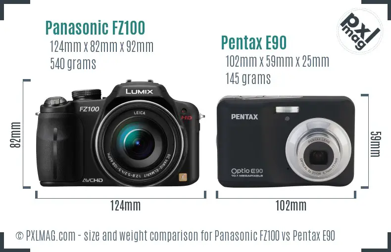 Panasonic FZ100 vs Pentax E90 size comparison