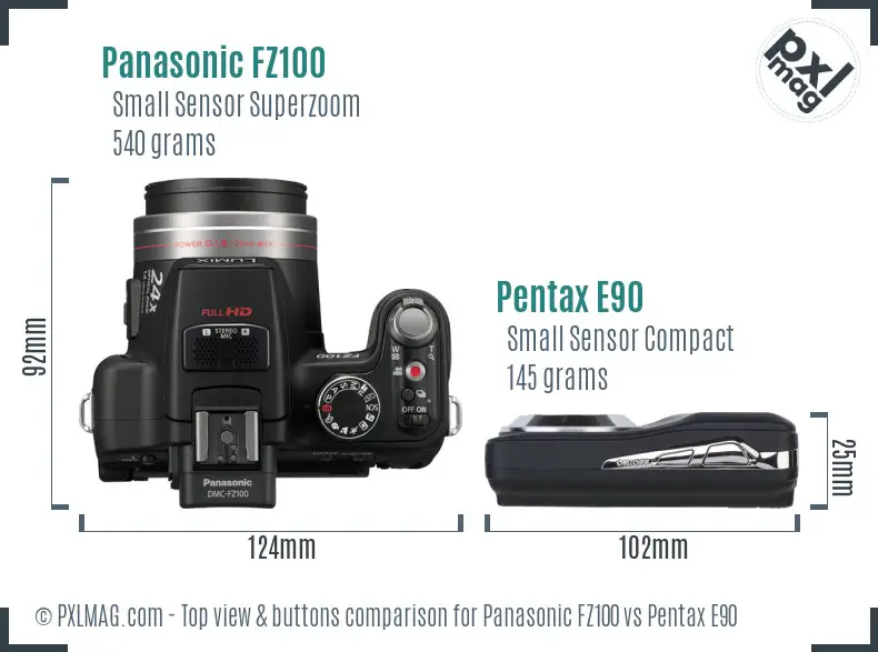 Panasonic FZ100 vs Pentax E90 top view buttons comparison