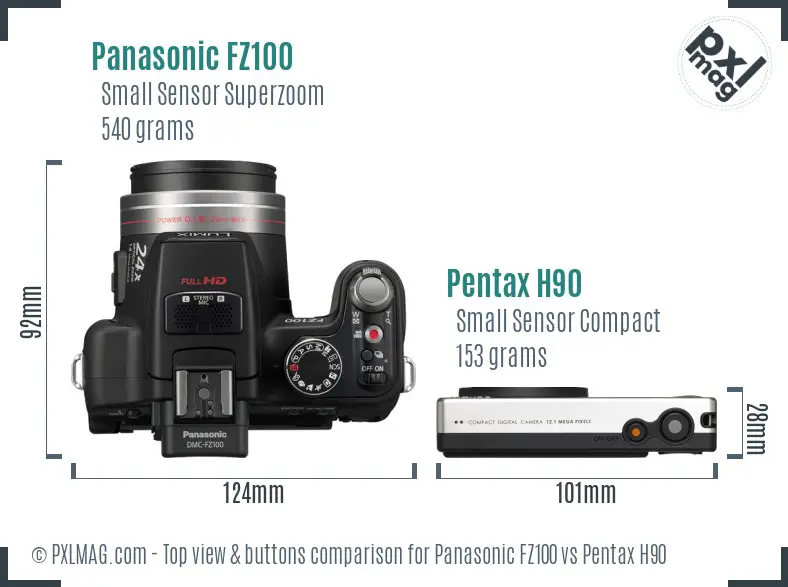 Panasonic FZ100 vs Pentax H90 top view buttons comparison
