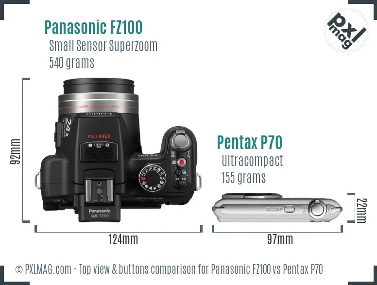 Panasonic FZ100 vs Pentax P70 top view buttons comparison